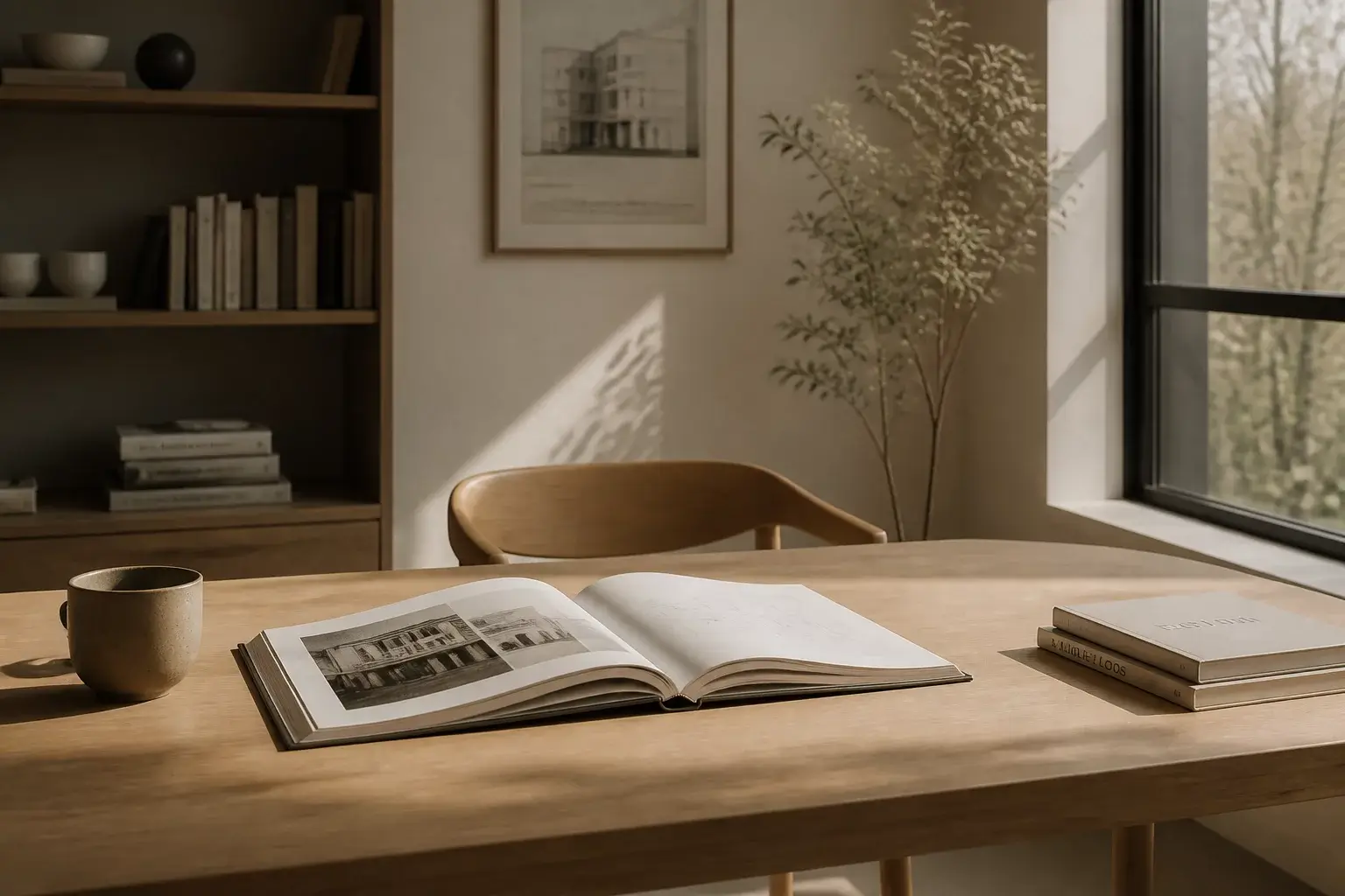 Minimalist Nordic interior with architectural books and a view